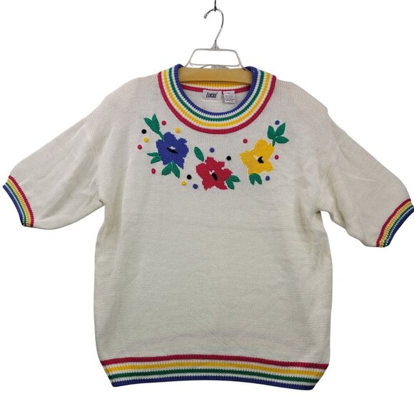 Vintage Lucia Handcrafted Floral Knit Pullover Sweater XL - Picture 1 of 10